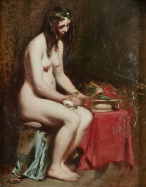 Seated Female Nude with Flowers in her Hair and a Still-Life by her Side by William Etty Oil Painting