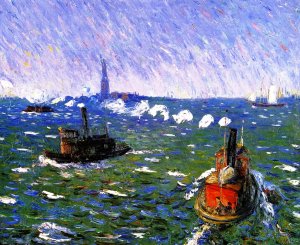 Breezy Day, Tugboats, New York Harbor by William Glackens Oil Painting