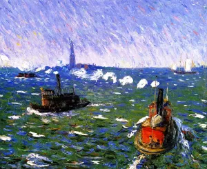 Breezy Day, Tugboats, New York Harbor by William Glackens - Oil Painting Reproduction