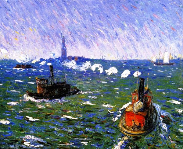 Main Product Photo of Breezy Day, Tugboats, New York Harbor Painting by William Glackens