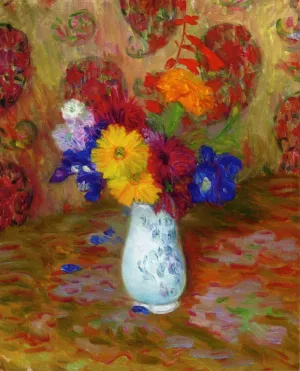 Flowers Against a Palm Leaf Pettern by William Glackens - Oil Painting Reproduction