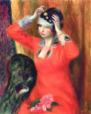 Girl in Red Dress Pinning on Hat Oil painting by William Glackens