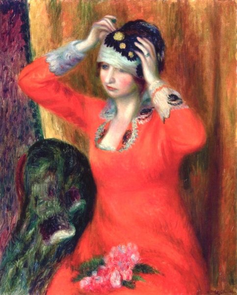 Girl in Red Dress Pinning on Hat by William Glackens - Hand-Painted Oil Painting Reproduction