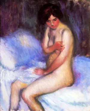 Nude Sitting on a Bed by William Glackens - Oil Painting Reproduction
