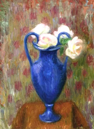 Pink Roses in Blue Urn by William Glackens - Oil Painting Reproduction