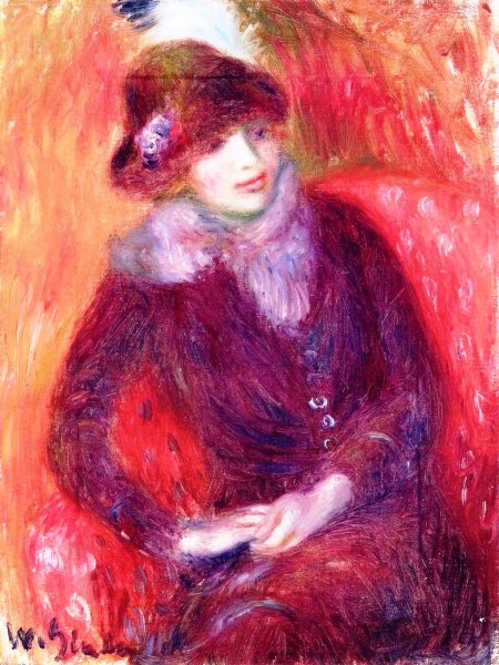Seated Woman with Fur Neckpiece and Red Background by William Glackens - Hand-Painted Oil Painting Reproduction