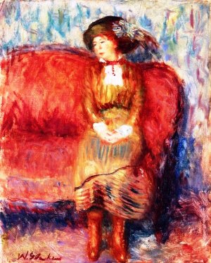 Woman Seated on Red Sofa