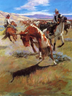 Roping a Steer by William Gollings - Oil Painting Reproduction