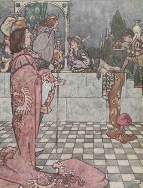 Main Product Photo of He did not come to woo her, he said, he had only come to hear the wisdom of the princess  Painting by William Heath Robinson