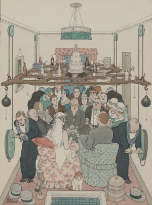 Sane Economy of Space at a Wedding Reception in a Small Flat by William Heath Robinson Oil Painting