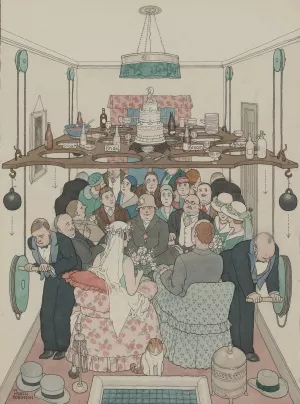 Sane Economy of Space at a Wedding Reception in a Small Flat by William Heath Robinson Oil Painting