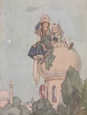 She sat the live-long day upon the roof of her palace, expecting him by William Heath Robinson Oil Painting