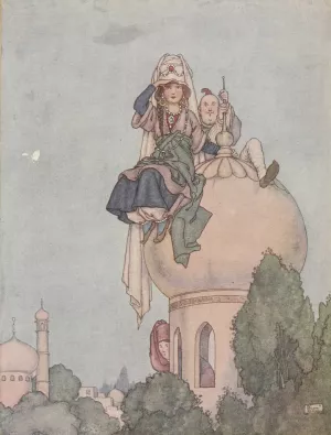She sat the live-long day upon the roof of her palace, expecting him by William Heath Robinson Oil Painting