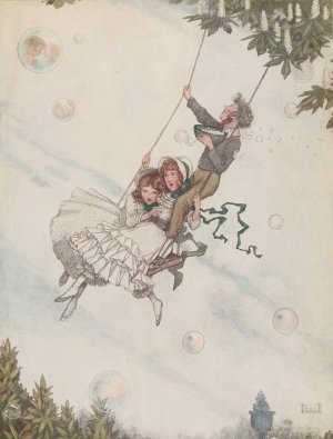 The swing moves and the bubbles fly upward with bright ever-changing colours by William Heath Robinson Oil Painting