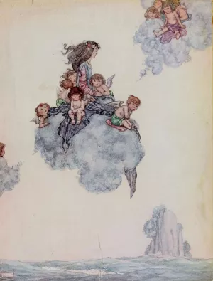 With the rest of the children of air, soared high above the rosy cloud Oil painting by William Heath Robinson