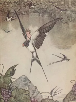 Yes! I will go with thee, said Tommelise, and she seated herself on the bird's back by William Heath Robinson Oil Painting