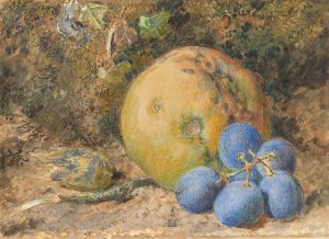 An Apple, Grapes and a Hazelnut on a Mossy Bank by William Henry Hunt Oil Painting