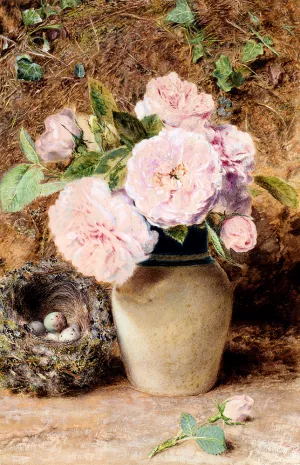 Still Life with Roses in a Vase and a Birds Nest by William Henry Hunt Oil Painting