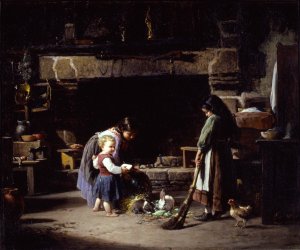 Farm Interior; Breton Children Feeding Rabbits by William Henry Lippincott Oil Painting