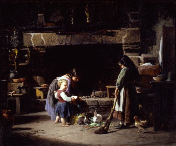 Farm Interior; Breton Children Feeding Rabbits  by William Henry Lippincott - Hand-Painted Oil Painting Reproduction