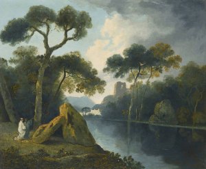 A River Landscape With Monks Conversing By A Pair Of Megaliths, With Ruins Beyond by William Hodges Oil Painting