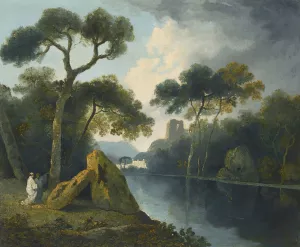 A River Landscape With Monks Conversing By A Pair Of Megaliths, With Ruins Beyond by William Hodges Oil Painting