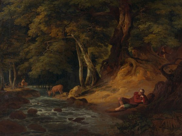 Main Product Photo of Jacques and the Wounded Stag- 'As You Like It,'Act II, Scene I Painting by William Hodges