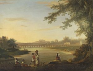 The Marmalong Bridge, with a Sepoy and Natives in the Foreground by William Hodges Oil Painting