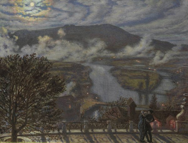 Main Product Photo of View from a Terrace of a River Landscape at Night  Painting by William Holman Hunt