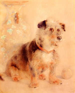 Terrier Seated before a Canton Famille Rose Vase