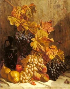 A Still Life with Grapes, Pears, Peaches, an Urn and a Butterfly painting by William Hughes