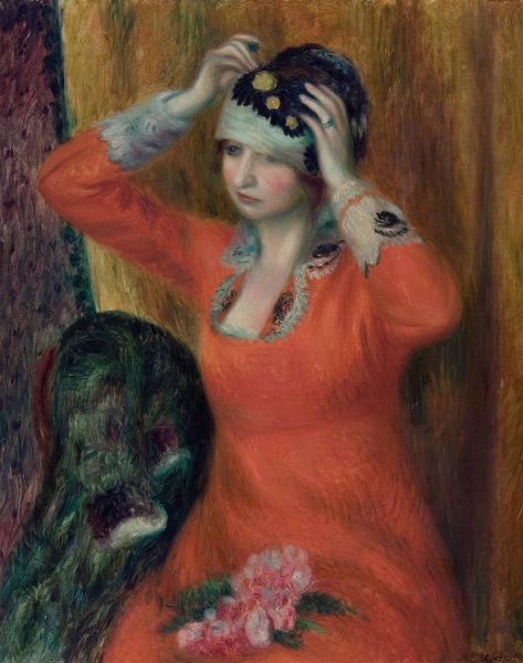 Main Product Photo of Girl in Red Dress Pinning on Hat  Painting by William James Glackens