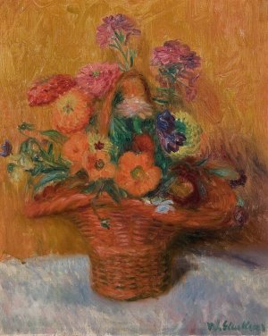 Red Basket of Zinnias by William James Glackens Oil Painting