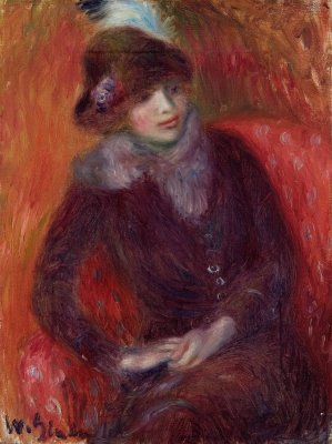 Seated Woman with Fur Neckpiece and Red Background by William James Glackens Oil Painting