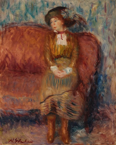 Main Product Photo of Woman Seated on Red Sofa  Painting by William James Glackens