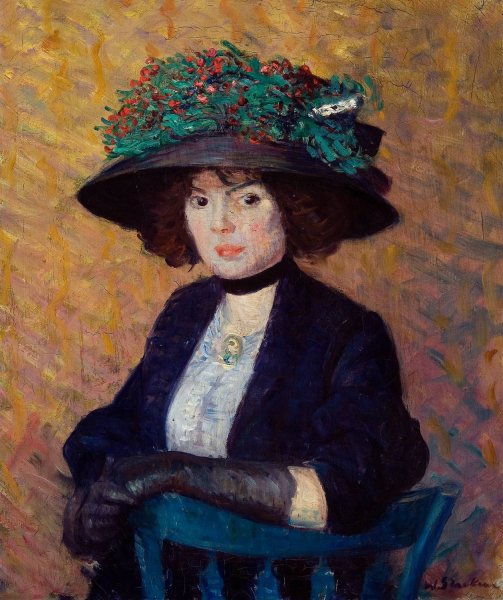 Main Product Photo of Woman with Green Hat  Painting by William James Glackens