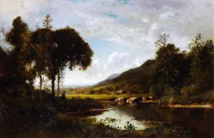Cattle Watering at a Pond with a Shepherd Nearby painting by William Keith