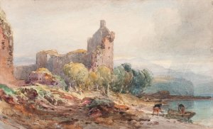 A Ruined Castle on a Lake by William Leighton Leitch Oil Painting