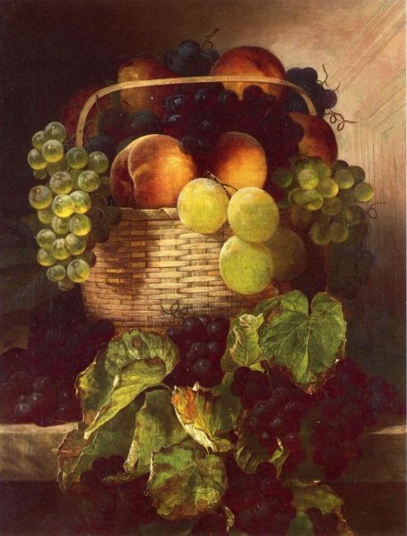 Still Life with Grapes. Plums and Peaches in a Basket by William Mason Brown - Hand-Painted Oil Painting Reproduction
