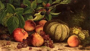 Still Life with Melon, Grapes, Peaches, Pears and Black Raspberries by William Mason Brown - Oil Painting Reproduction