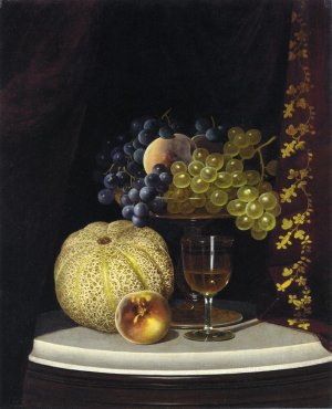 Still Life with Melon, Peach, Fruit-Filled Compote and Glass of Wine on a Marble Table Top