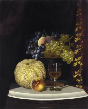 Still Life with Melon, Peach, Fruit-Filled Compote and Glass of Wine on a Marble Table Top by William Mason Brown Oil Painting