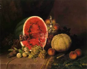 Still Life with Watermelon, Grapes, Peaches, Plums and Cantaloupe by William Mason Brown Oil Painting