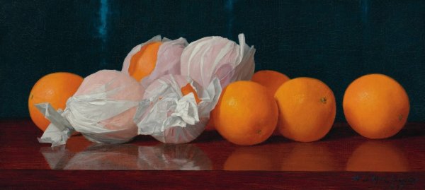 Main Product Photo of Wrapped Oranges On A Tabletop Painting by William Mccloskey