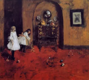 Children Playing Parlor Croquet Sketch Oil painting by William Merritt Chase