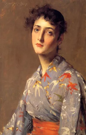 Girl in a Japanese Kimono by William Merritt Chase - Oil Painting Reproduction