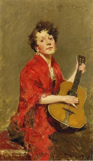 Girl with Guitar by William Merritt Chase Oil Painting