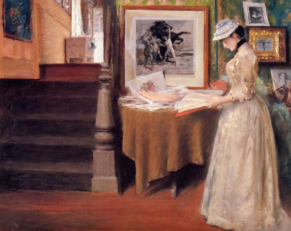 Interior, Young Woman at a Table by William Merritt Chase - Hand-Painted Oil Painting Reproduction