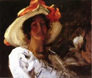 Portrait of Clara Stephens Wearing a Hat with an Orange Oil painting by William Merritt Chase
