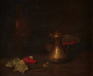 Still Life with Brass Jug, Metal Bowl, Lettuce and Red Peppers by William Merritt Chase Oil Painting